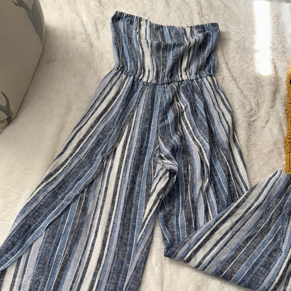 Striped Blue and Strapless White Jumpsuit